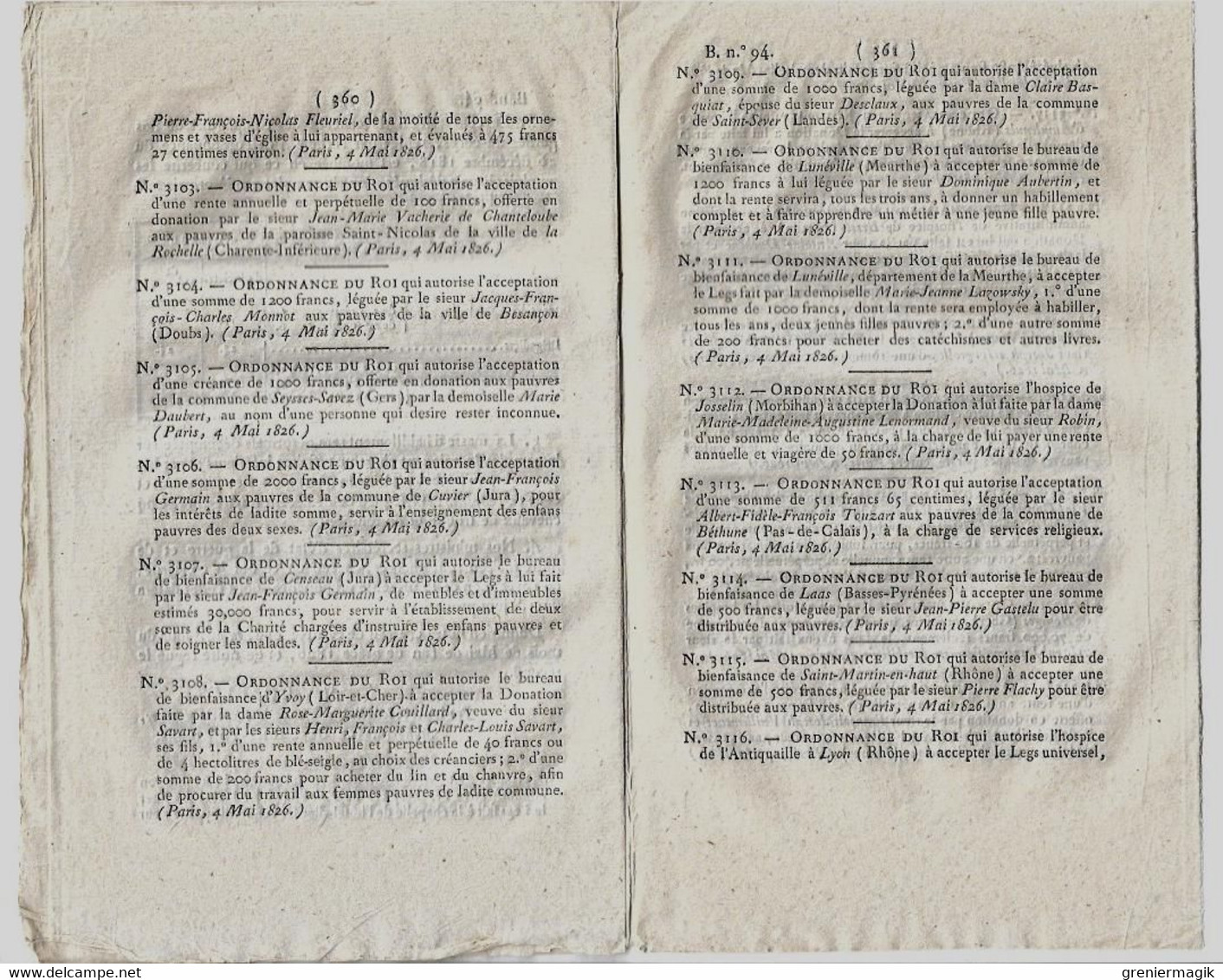 Bulletin des Lois 94 1826 Compagnies des Gardes-du-corps/Bénédictines du Saint-Sacrement Paris/Congrégations religieuses