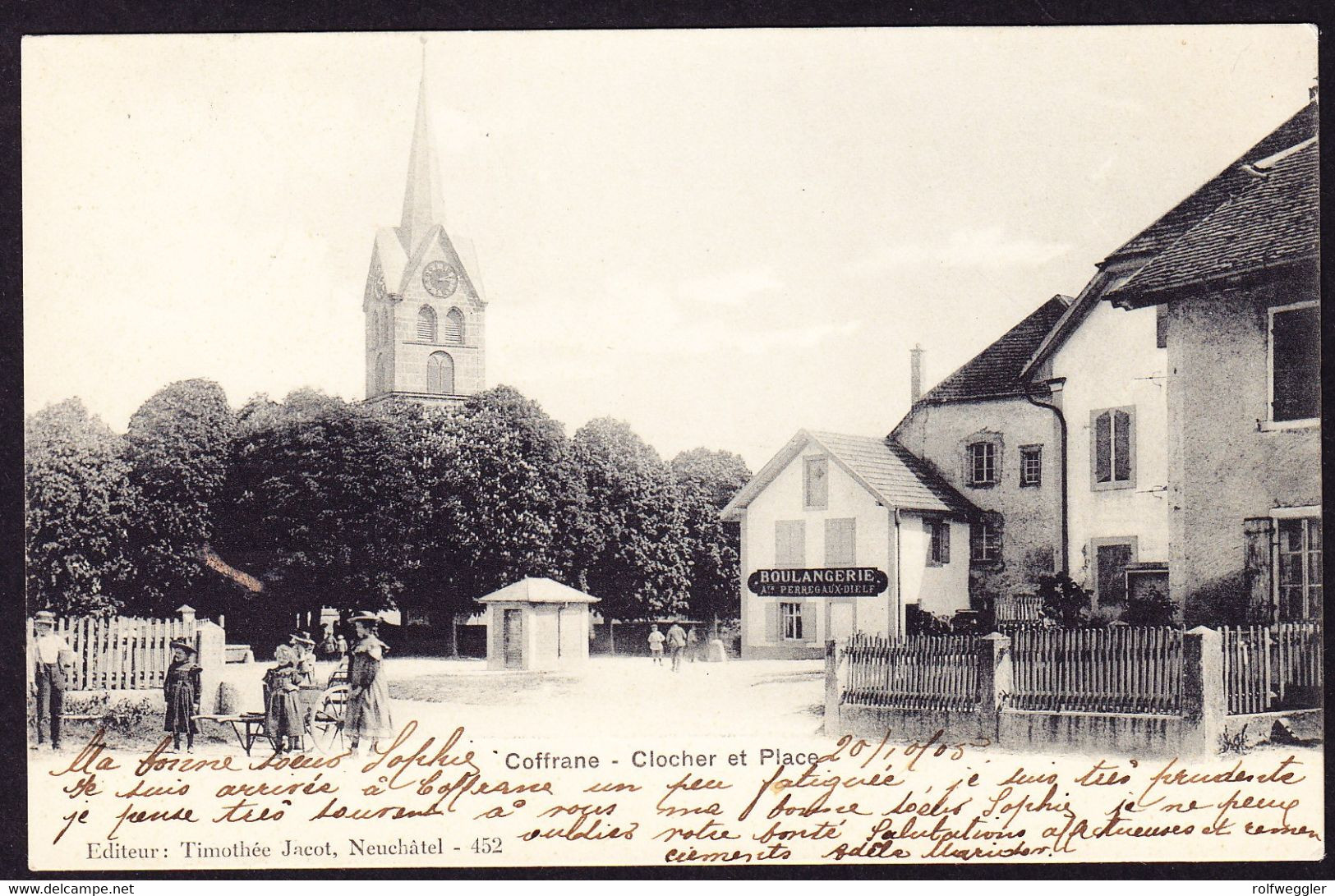 1905 Gelaufene AK Aus Coffrane, Clocher, Place Et Boulangerie. - Coffrane