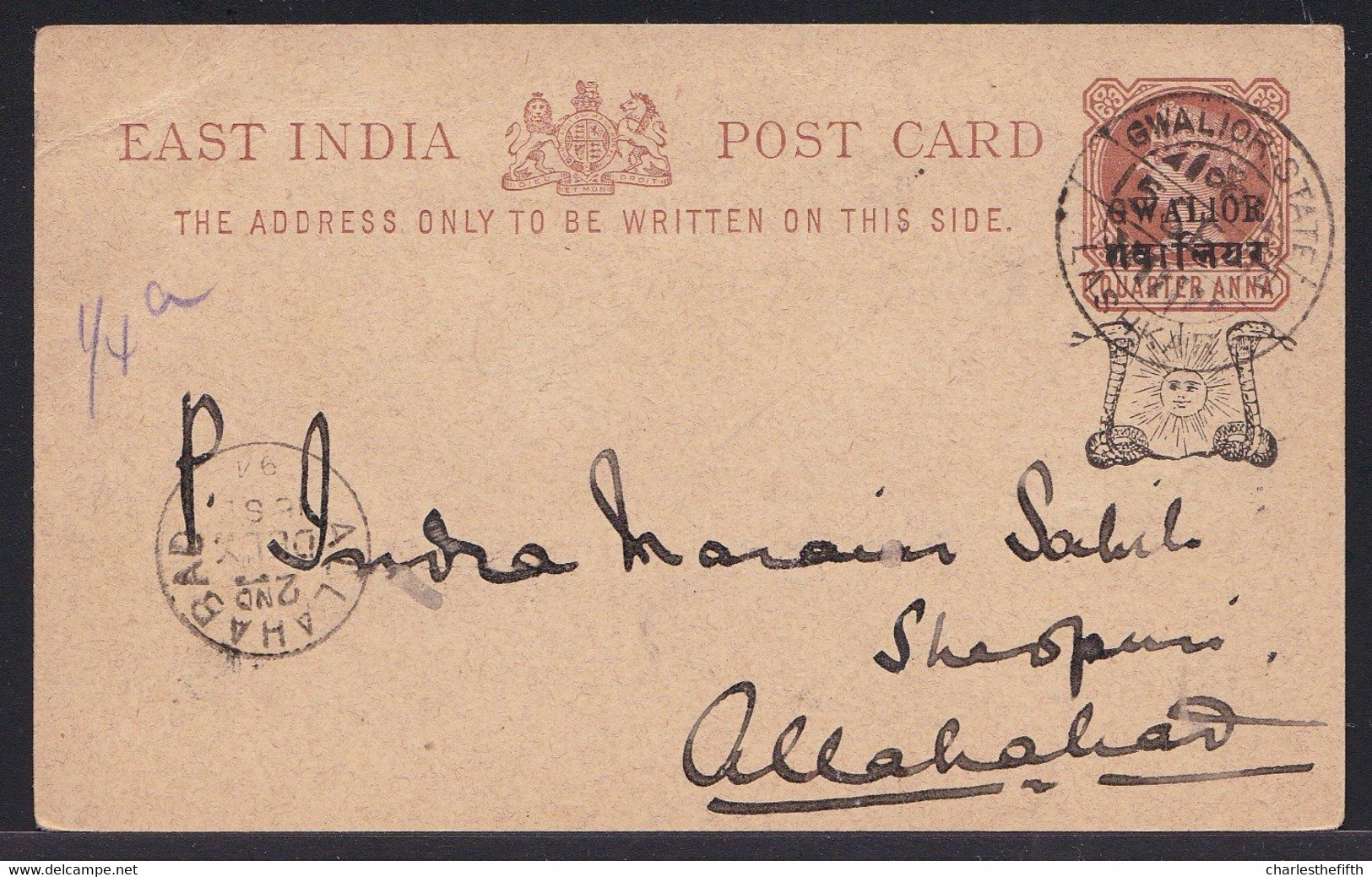 POST CARD STATIONERY EAST INDIA - 1894 - GWALIOR STATE > ALLAHABAD - Postcards