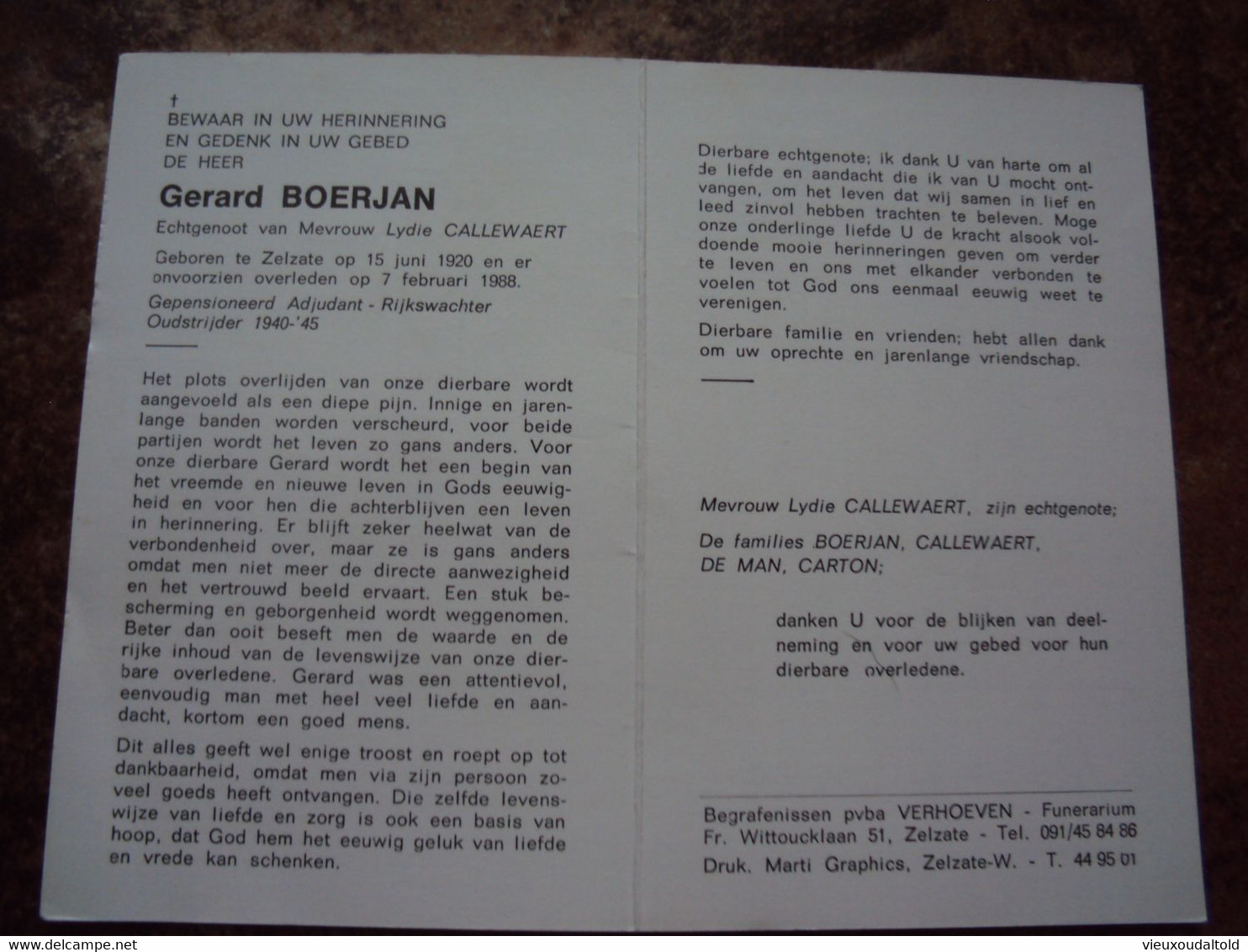 Doodsprentje/Bidprentje  Gerard BOERJAN   Zelzate 1920-1988 Gep.Adjudant-Rijkswachter  (Echtg Lydie CALLEWAERT) - Religione & Esoterismo