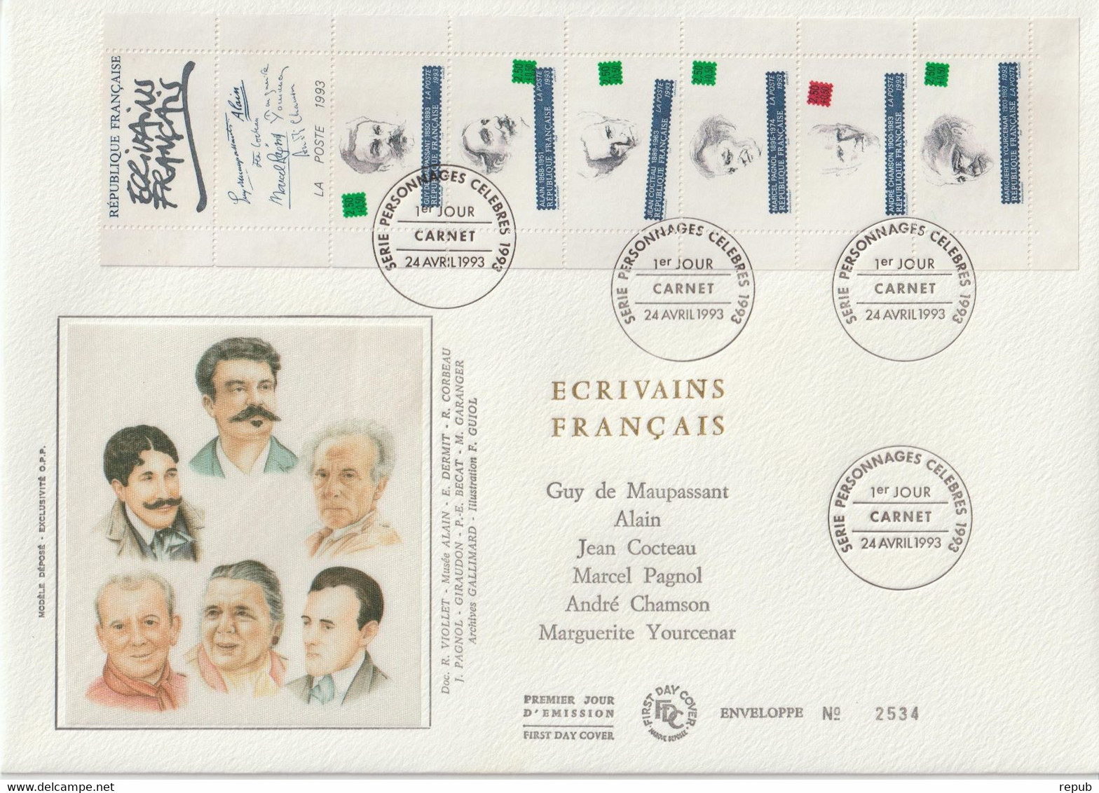 France FDC Grand Format 1993 Ecrivains Français BC2805 - 1990-1999