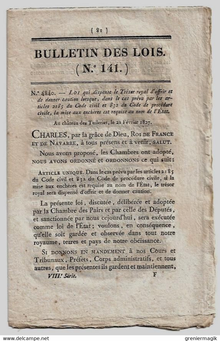 Bulletin Des Lois 141 1827 Majorat Renouard De Bussières Reichshoffen/Verbe Incarné D'Azerables/Sainte-Famille Bourges - Decreti & Leggi