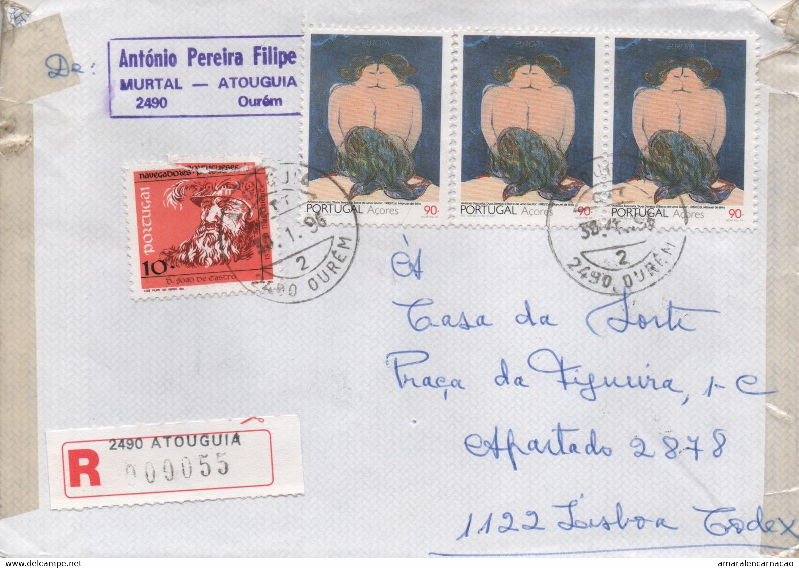 TIMBRES - STAMPS - LETTRE RECOMMANDÉE - PORTUGAL - PEINTURE DE ANTÓNIO DACOSTA ET NAVEGATEUR D. JOÃO DE CASTRO - Grabados