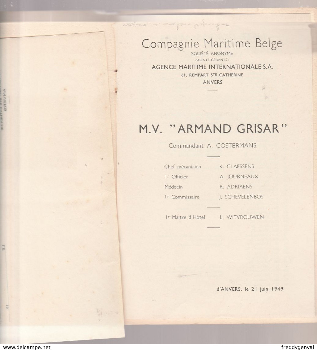 C.M.B.PAQUEBOT ARMAND GRISAR LISTE DES PASSAGERS VOYAGE JUIN1949 - 1900 – 1949