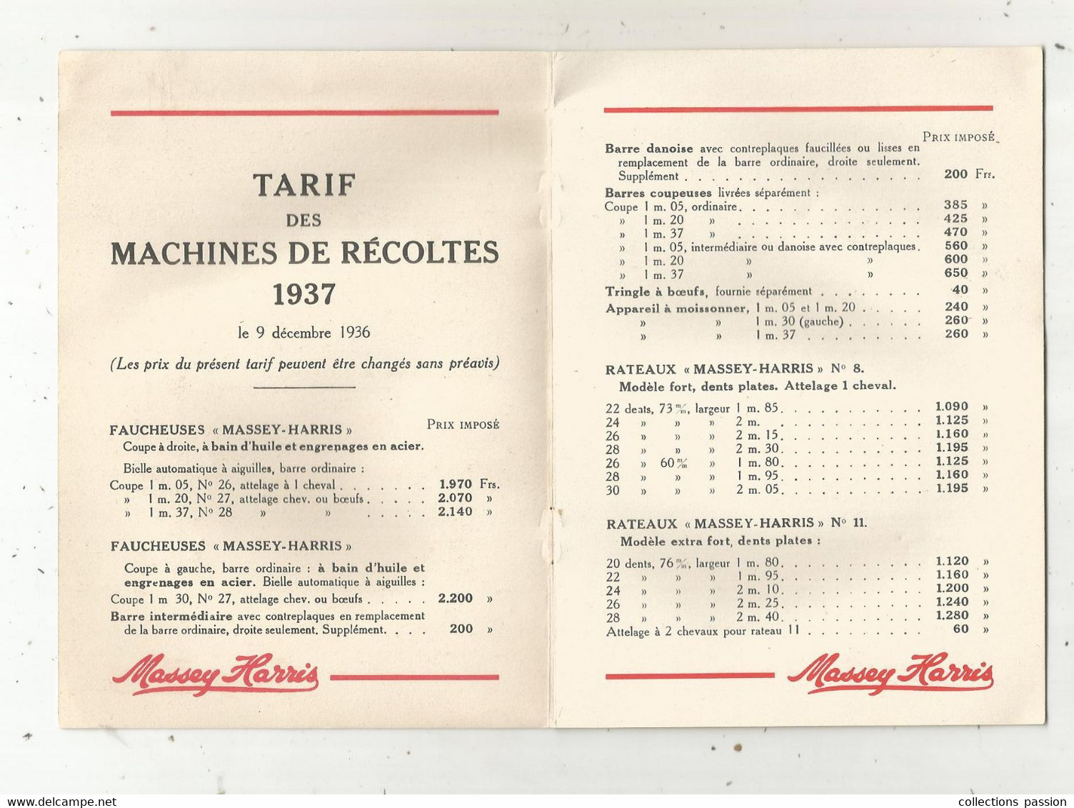 Publicité , 8 Pages , Machines De Récoltes MASSEY HARRIS,  ,Marquette Lez Lille , Tarif 1937,frais Fr 1.85 E - Advertising