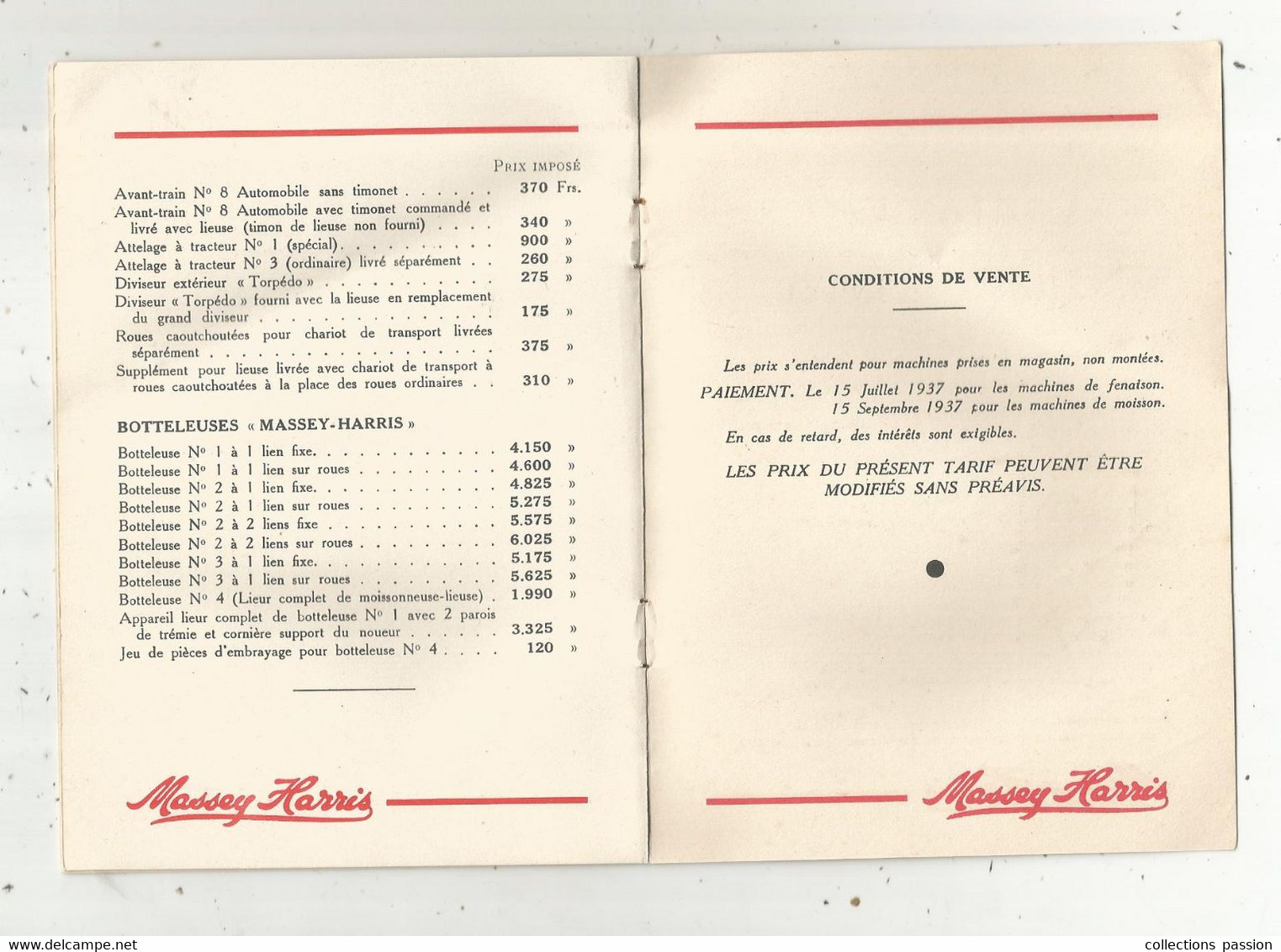 Publicité , 8 Pages , Machines De Récoltes MASSEY HARRIS,  ,Marquette Lez Lille , Tarif 1937,frais Fr 1.85 E - Advertising