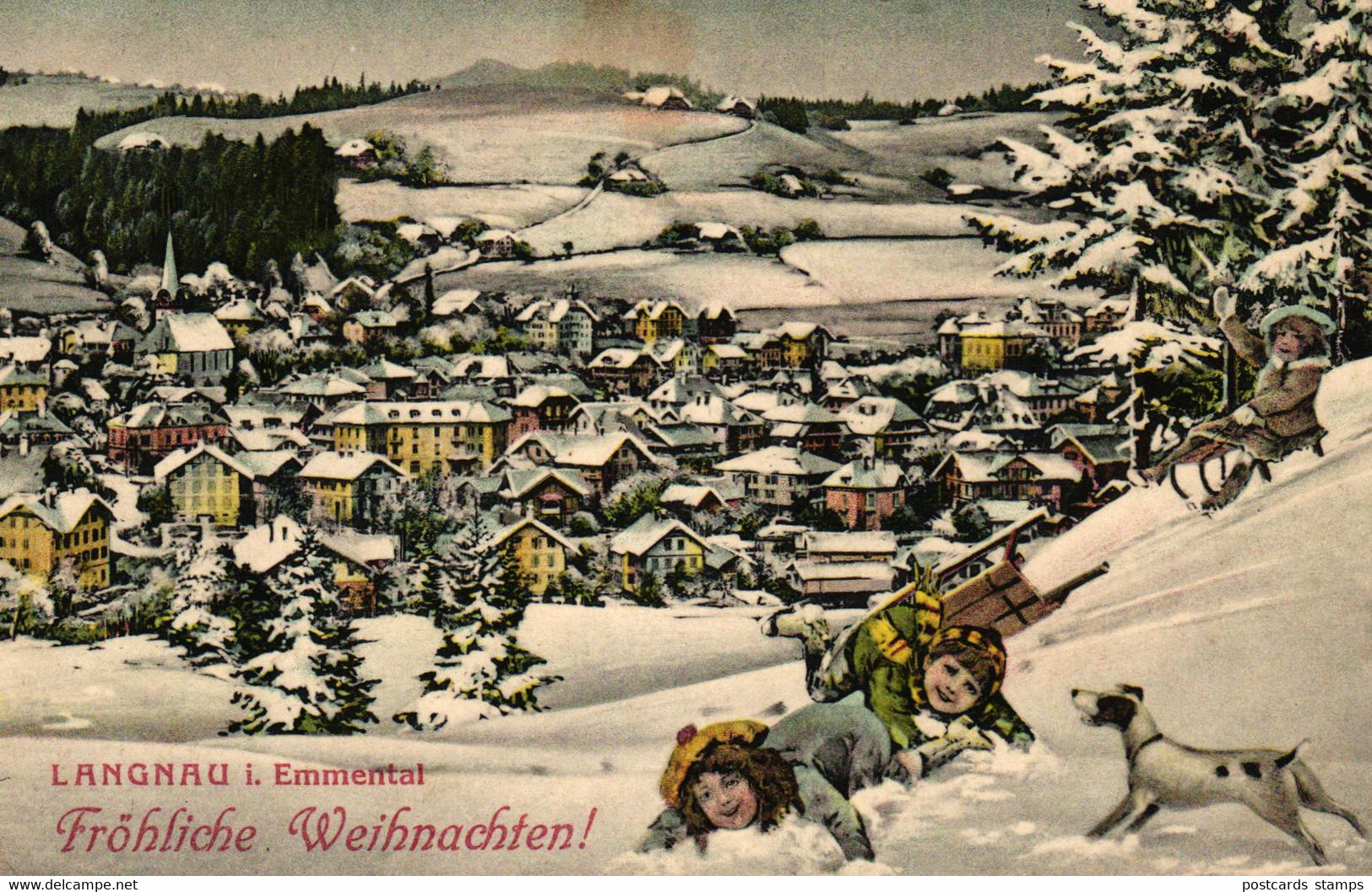 Langnau Im Emmental, Weihnachts-AK, Kinder Mit Schlitten Und Hund, Blick Auf Langnau, 1908 - Langnau Im Emmental