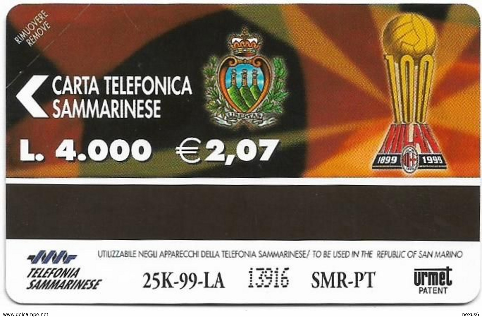 San Marino (URMET) - RSM-039 - Cento Anni Di Milan - Milan Supporters - 06.1999, 4.000L, 25.000ex, Mint - Saint-Marin