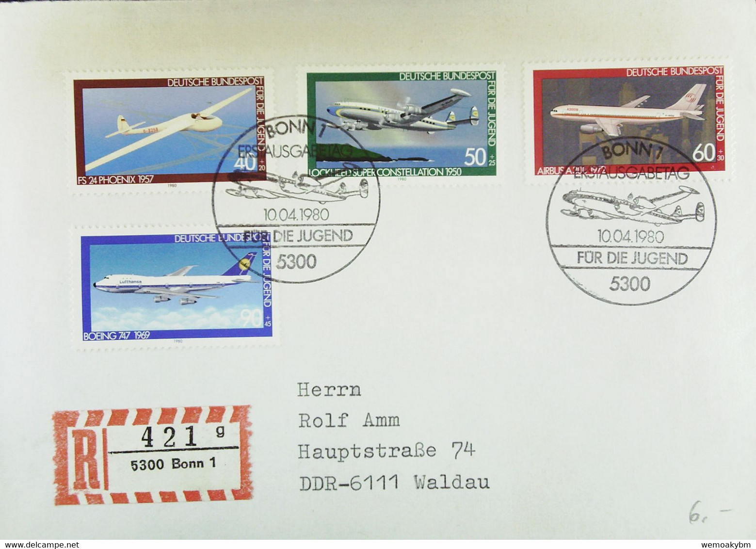 BRD R-Brief Ersttag 10.4.80 Aus 5300 Bonn 1 (421 G)  Mit Kompl. Satz Luftfahrt 1040/3 - Etiquettes 'Recommandé' & 'Valeur Déclarée'