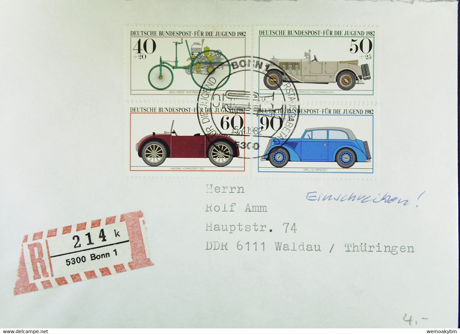 BRD R-Brief Ersttag 15.4.82 Aus 5300 Bonn 1 (214 K)  Mit Kompl. Satz Jugend: Hist. Fahrzeuge 1123/6 - R- & V- Vignette