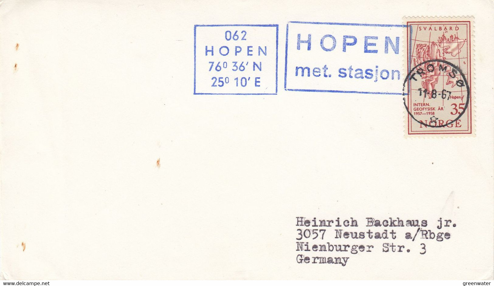 Norway 1967 Hopen Met. Stasjon Cover Ca Tromso 11-8-67 (53165) - Stations Scientifiques & Stations Dérivantes Arctiques
