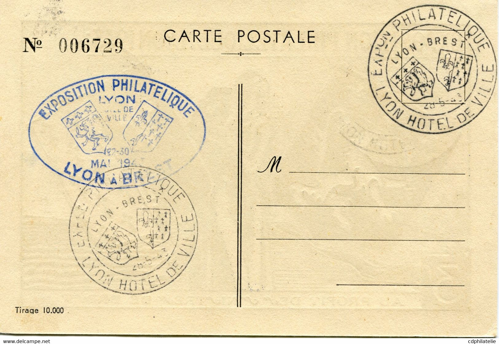 FRANCE CARTE POSTALE DE L'EXPOSITION PHILATELIQUE LYON 1943 AU PROFIT DES SINISTRES DE BREST AVEC CACHET EXPon ......... - 1938-42 Mercurio