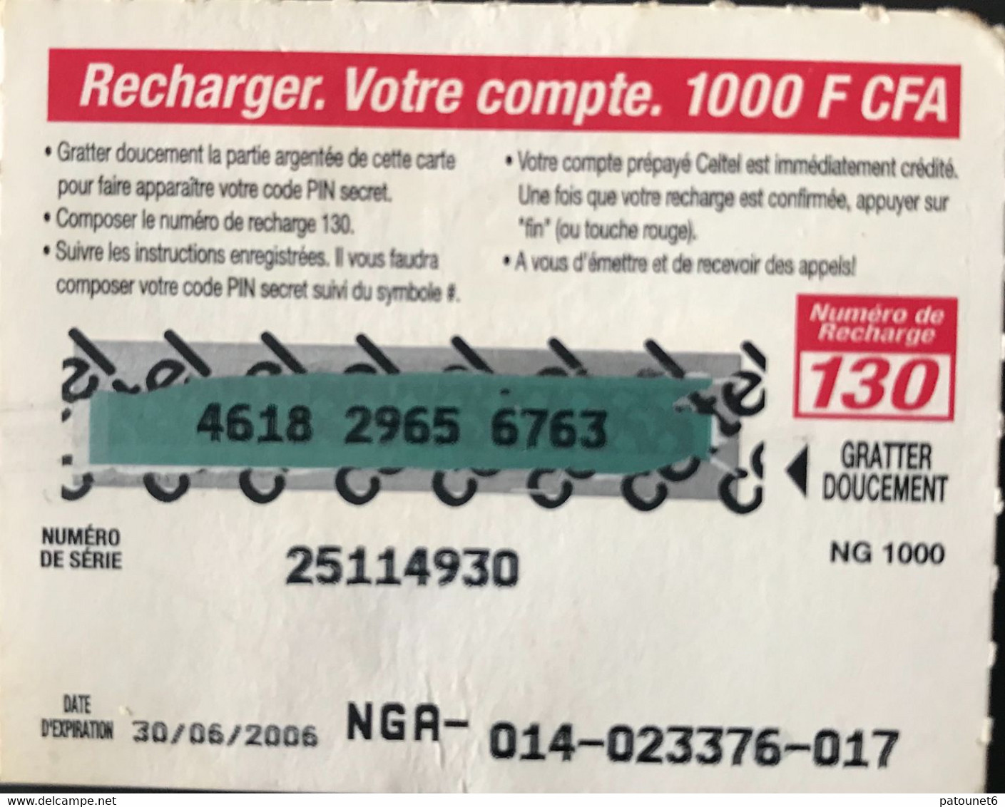 NIGER - Recharge (small) - Celtel - 1000 F CFA - Niger