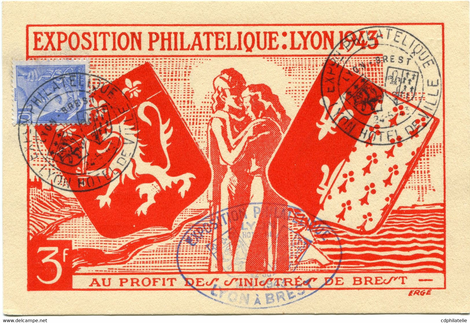 FRANCE CARTE POSTALE DE L'EXPOSITION PHILATELIQUE LYON 1943 AU PROFIT DES SINISTRES DE BREST AVEC CACHET EXPon ......... - 1938-42 Mercurius