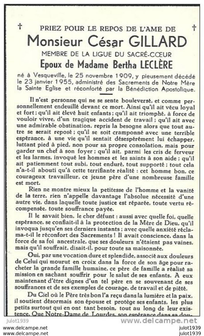 VESQUEVILLE ..-- Mr César GILLARD , époux De Mme Bertha LECLERE , Né En 1909 , Décédé En 1955 . - Saint-Hubert