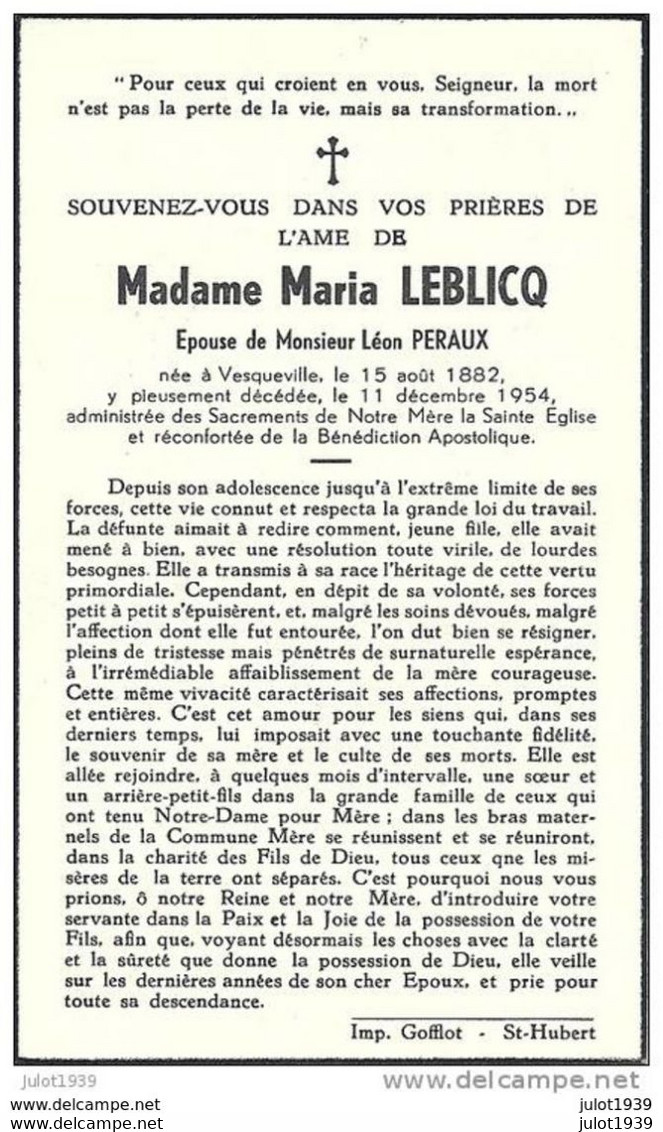 VESQUEVILLE ..-- Mme Maria LEBLICQ , épouse De Mr Léon PERAUX , Née En 1882 , Décédée En 1954 . - Saint-Hubert