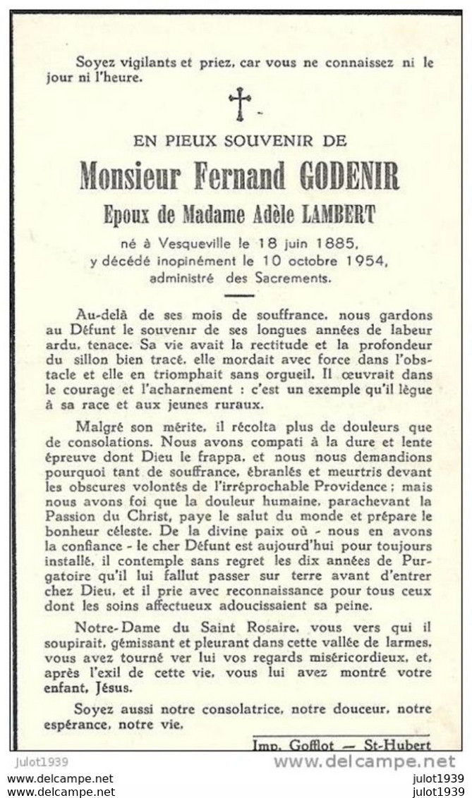 VESQUEVILLE ..-- Mr Fernand GODENIR , époux De Mme Adèle LAMBERT , Né En 1885 , Décédé En 1954 . - Saint-Hubert