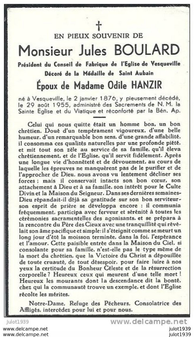 VESQUEVILLE ..-- Mr Jules BOULARD , époux De Mme Odile HANZIR , Né En 1876 , Décédé En 1955 . - Saint-Hubert