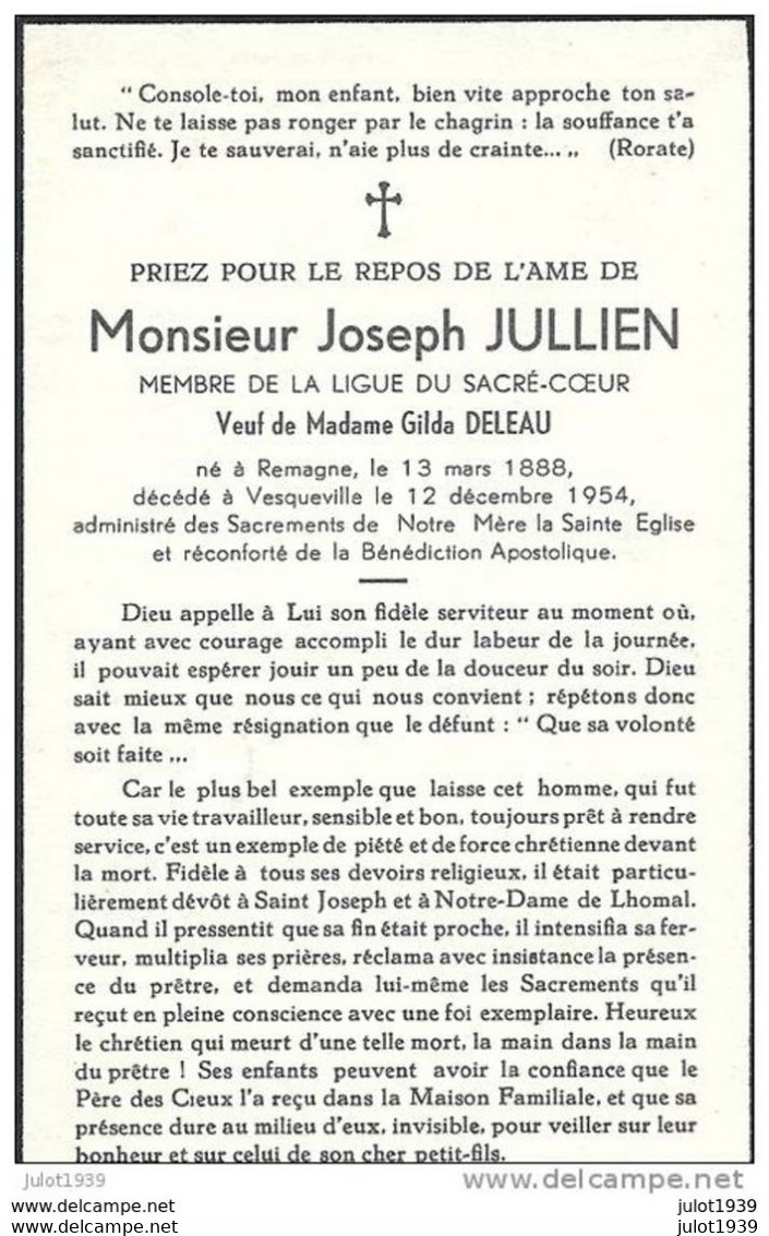 VESQUEVILLE ..-- Mr Joseph JULLIEN , Veuf De Mme Gilda DELEAU , Né En 1888 à REMAGNE , Décédé En 1954 . - Saint-Hubert