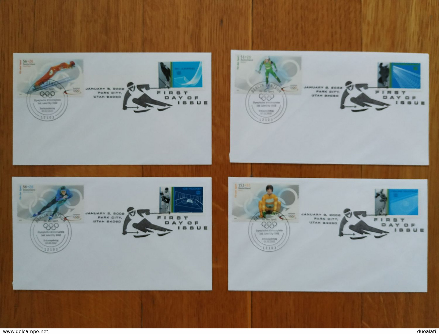 Germany & USA 4 Mixed Franking FDC 2002 Olympic Winter Games Salt Lake City Biathlon Speed Skating Luge Ski Jump - Invierno 2002: Salt Lake City