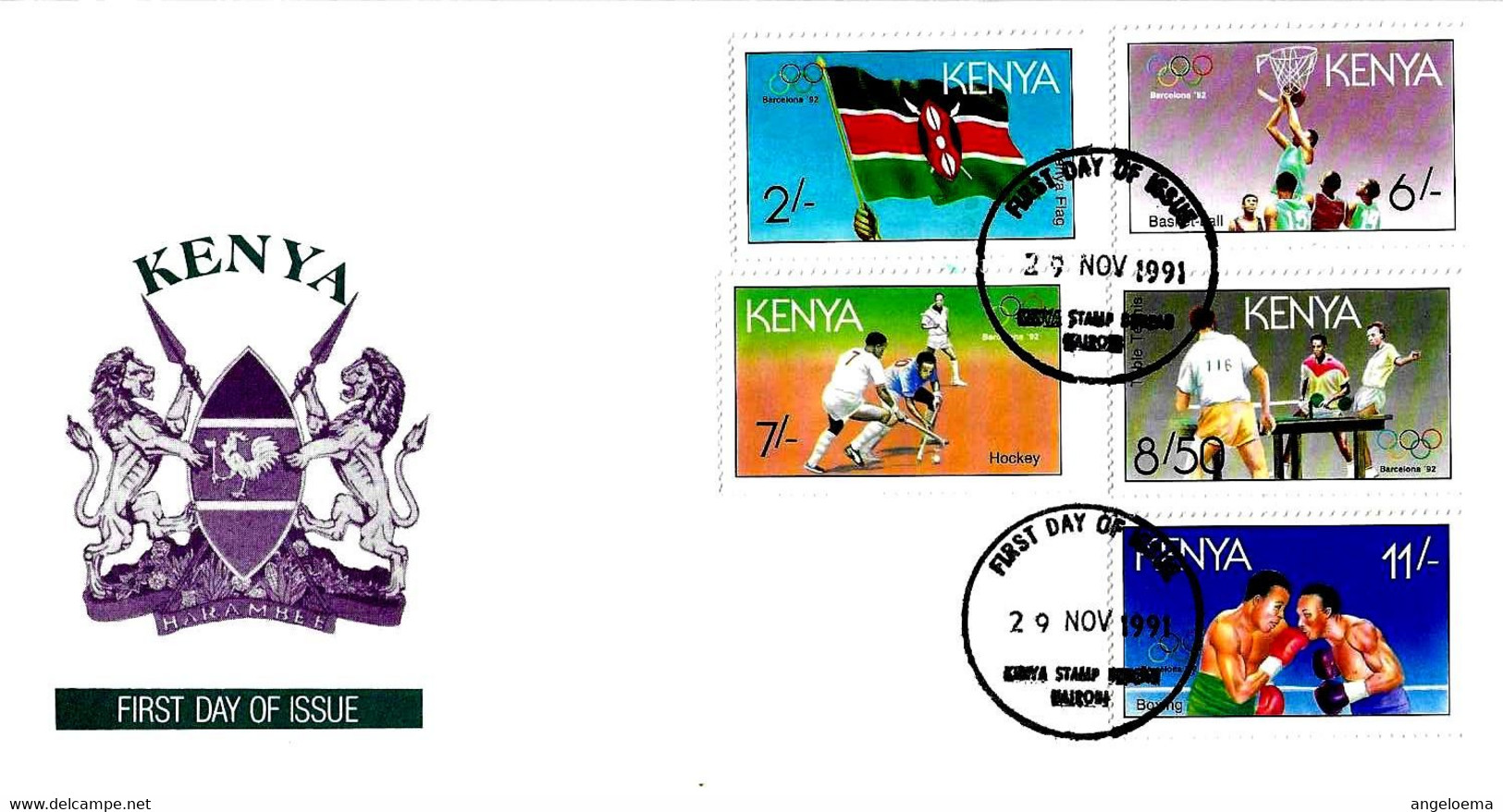 KENIA - 1991 NAIROBI Olimpiadi Barcelona Serie Compl.5v. (basket, Hockey, Tennis Tavolo, Pugilato) Su Busta Fdc - 4061 - Summer 1992: Barcelona