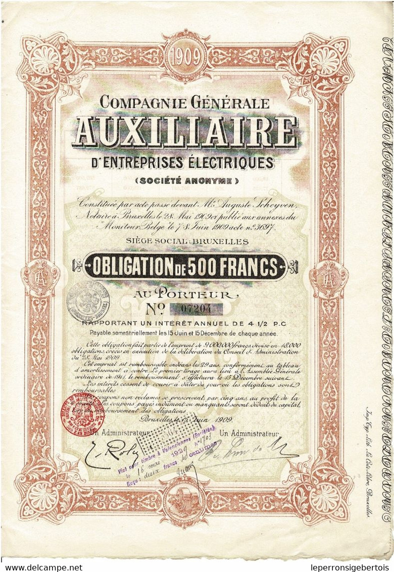 Titre Ancien - Compagnie Générale Auxiliaire D'Entreprises Electriques - Obligation De 1909 - N° 07204 - Electricidad & Gas