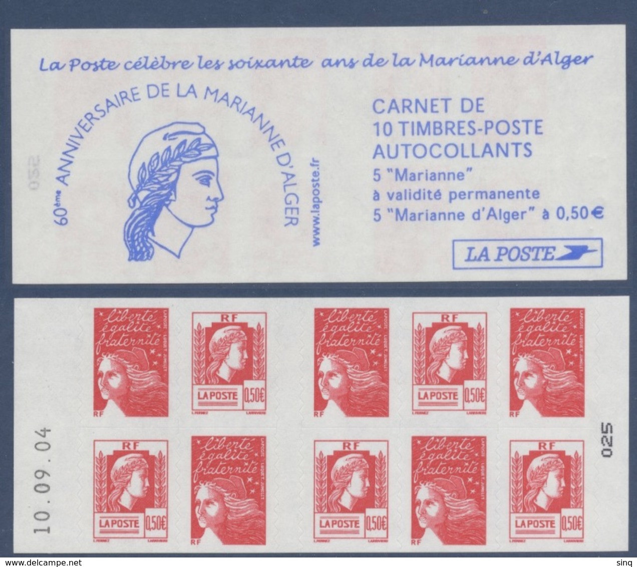N° 1512 Carnet 60e Anniversaire De La Marianne D'Alger Auto Adhésif   Faciale LP X 5 Et 0,50€ X 5 - Sonstige & Ohne Zuordnung