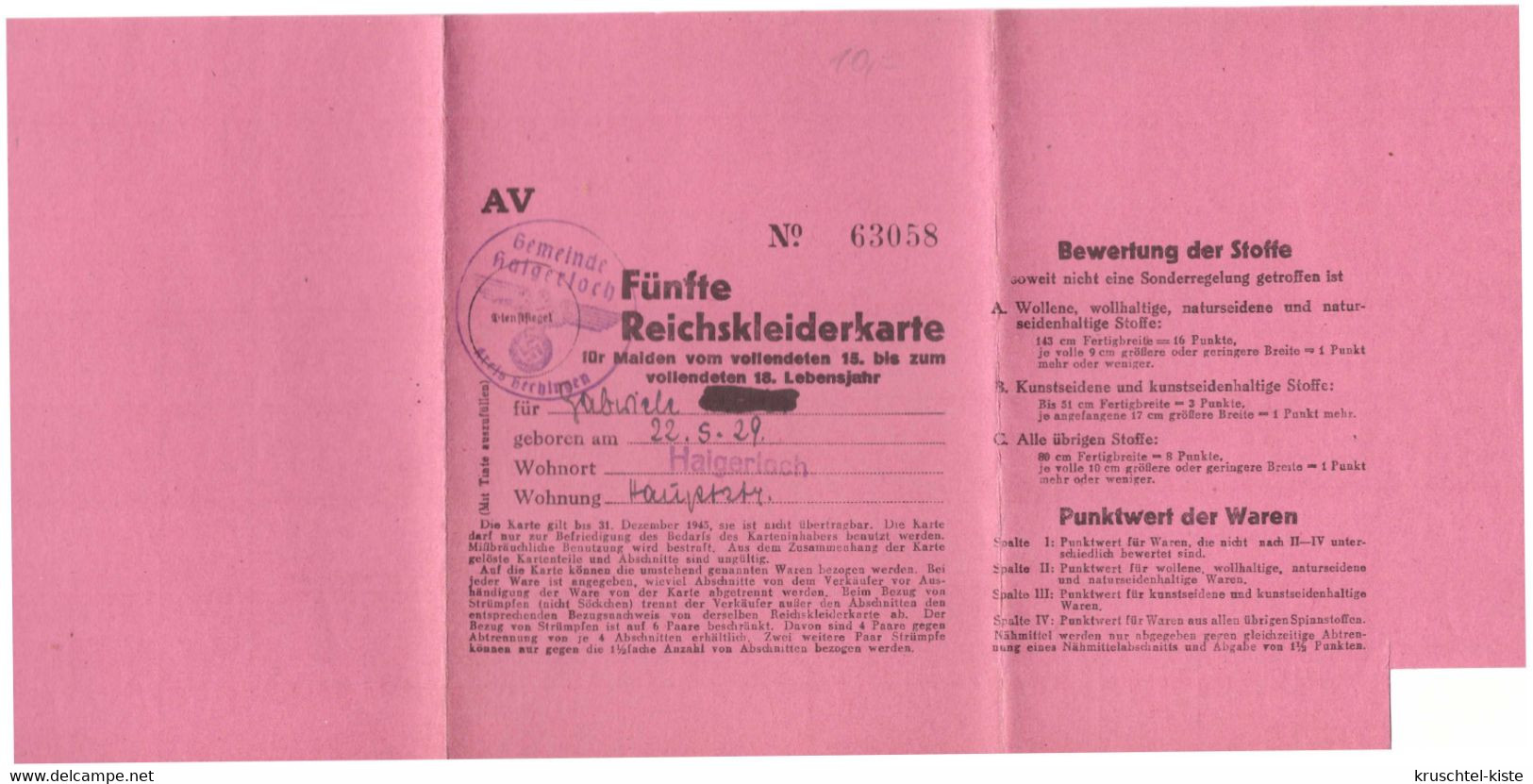 Dt- Reich (022222) Benutzte Fünfte Reichskleiderkarte, Stadt Haigerloch - Brieven En Documenten