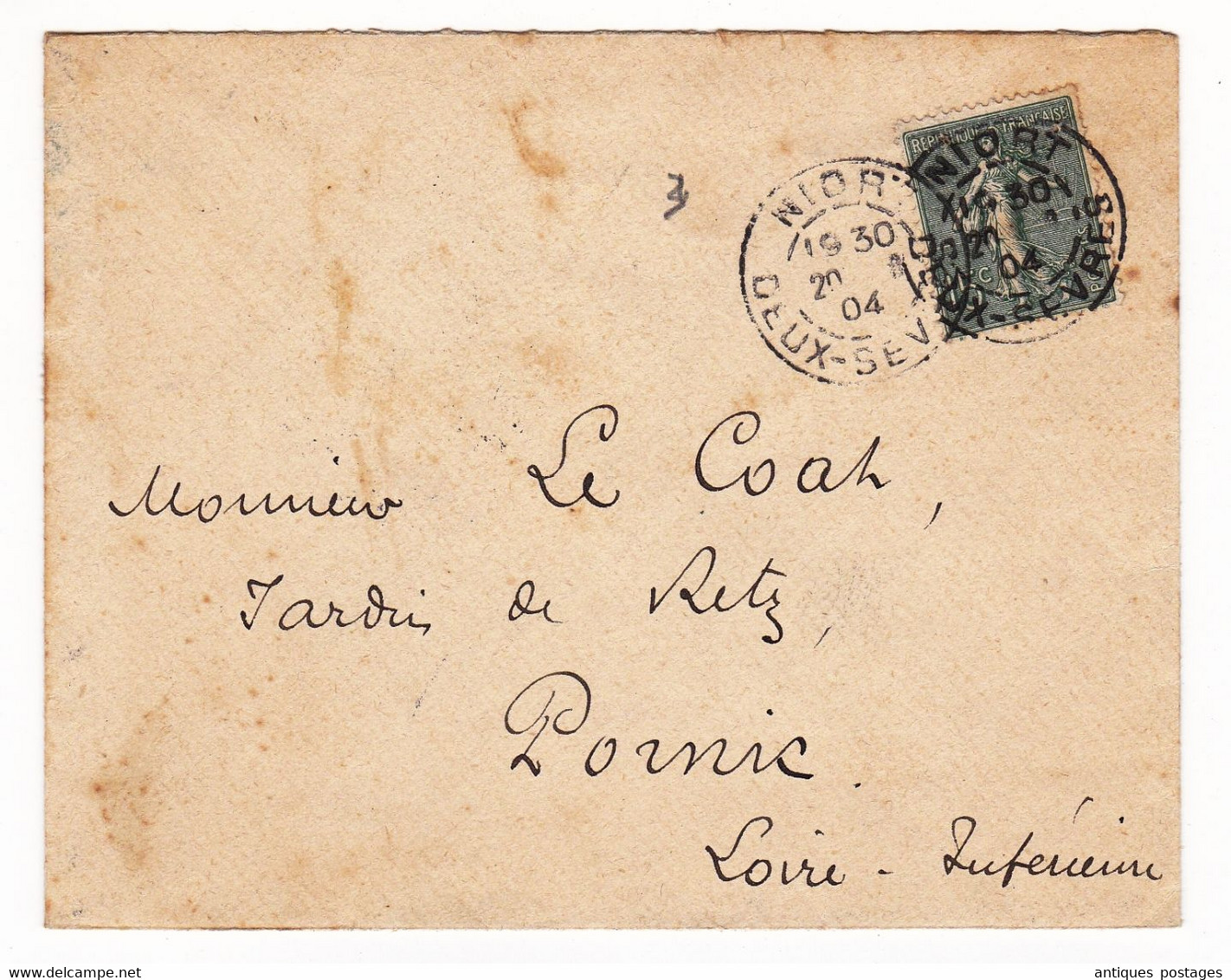 Lettre 1904 Semeuse 15c Niort Deux Sèvres Pour Pornic Loire Atlantique - 1903-60 Sower - Ligned