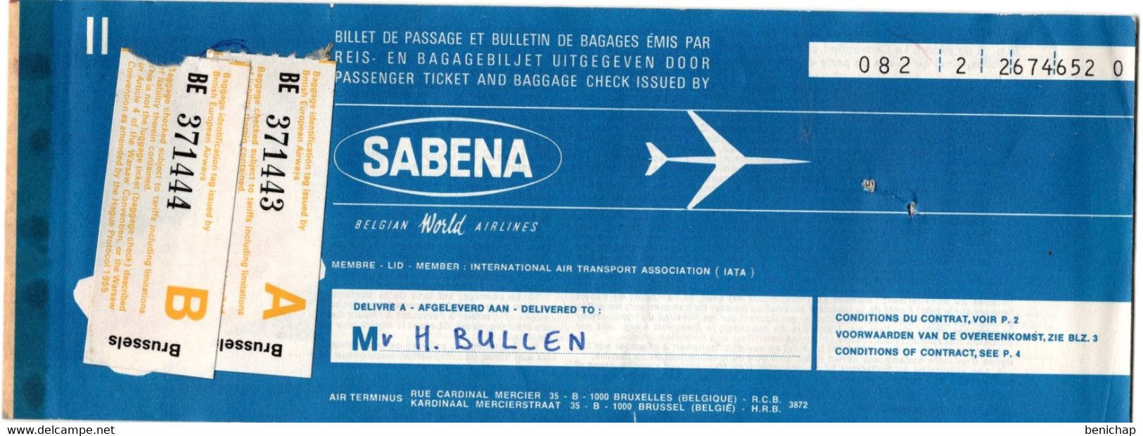 SABENA - Belgian World Airlines - Brussels - London - Brussels - 7 Mai 1973 + 2 Labels Sabena Valises. - Europe