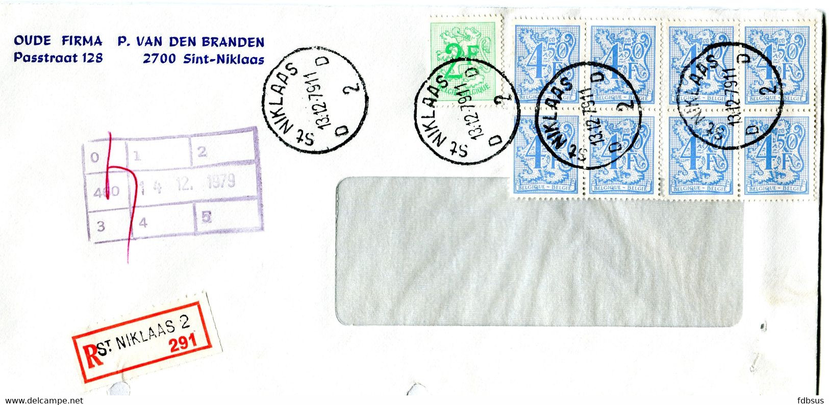 1979 R-enveloppe Oude Firma P. Van Den Branden Met Zegels 8 X 4.50 Fr + 2 Fr - 1977-1985 Figure On Lion