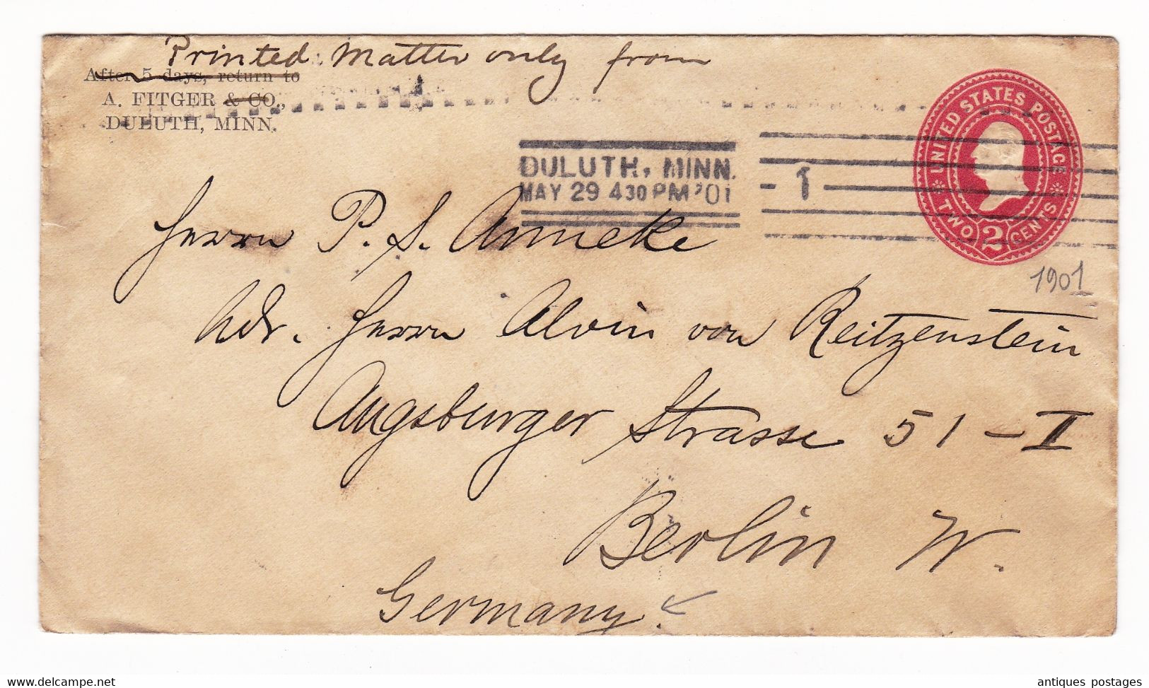 Lettre USA Entier Postal New York 1901 Two Cents Duluth Minnesota - 1901-20
