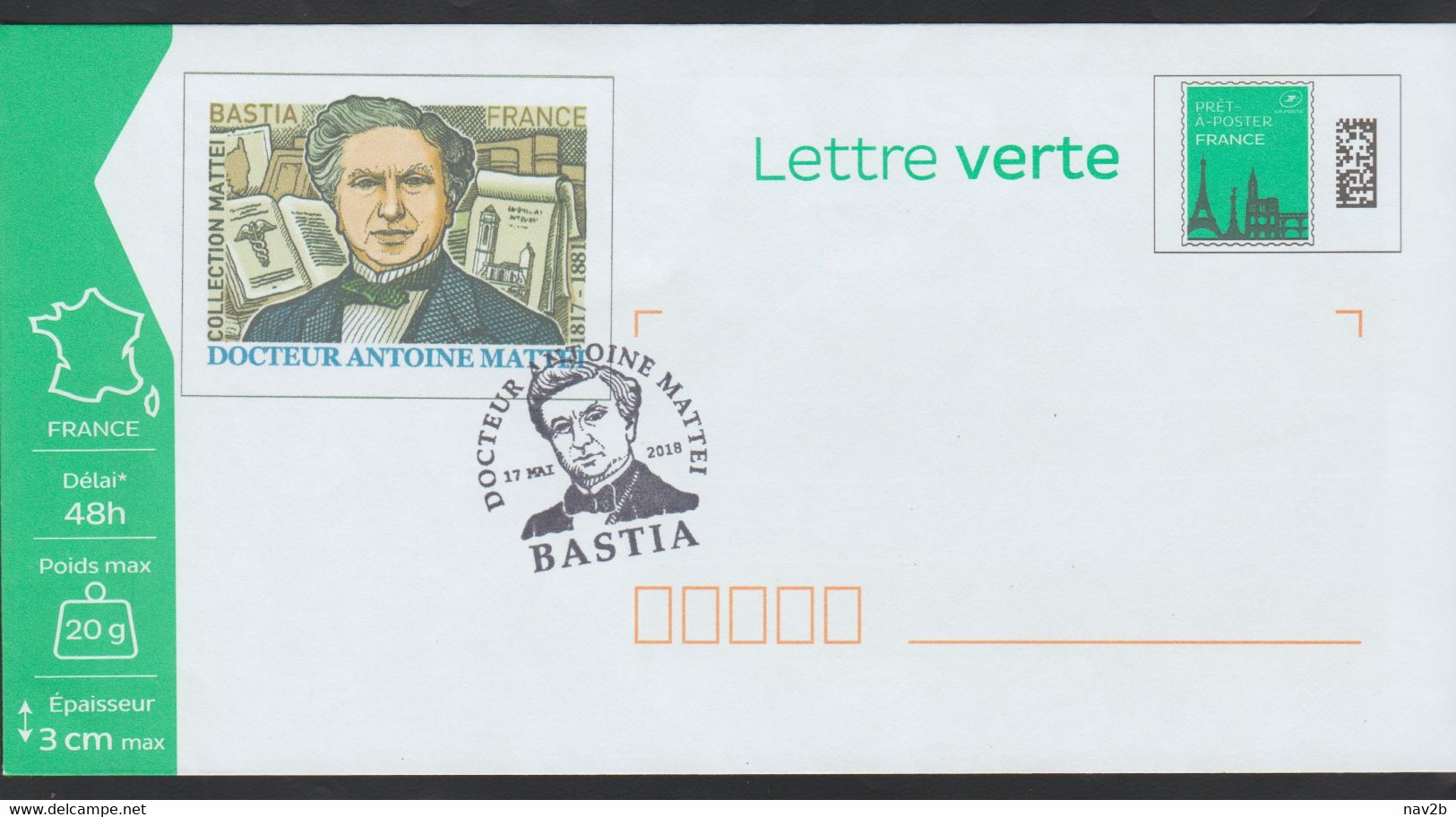 Entier Enveloppe Repiquée Patrimoine Bastia , Dr Mattei . 2018 - Prêts-à-poster:private Overprinting