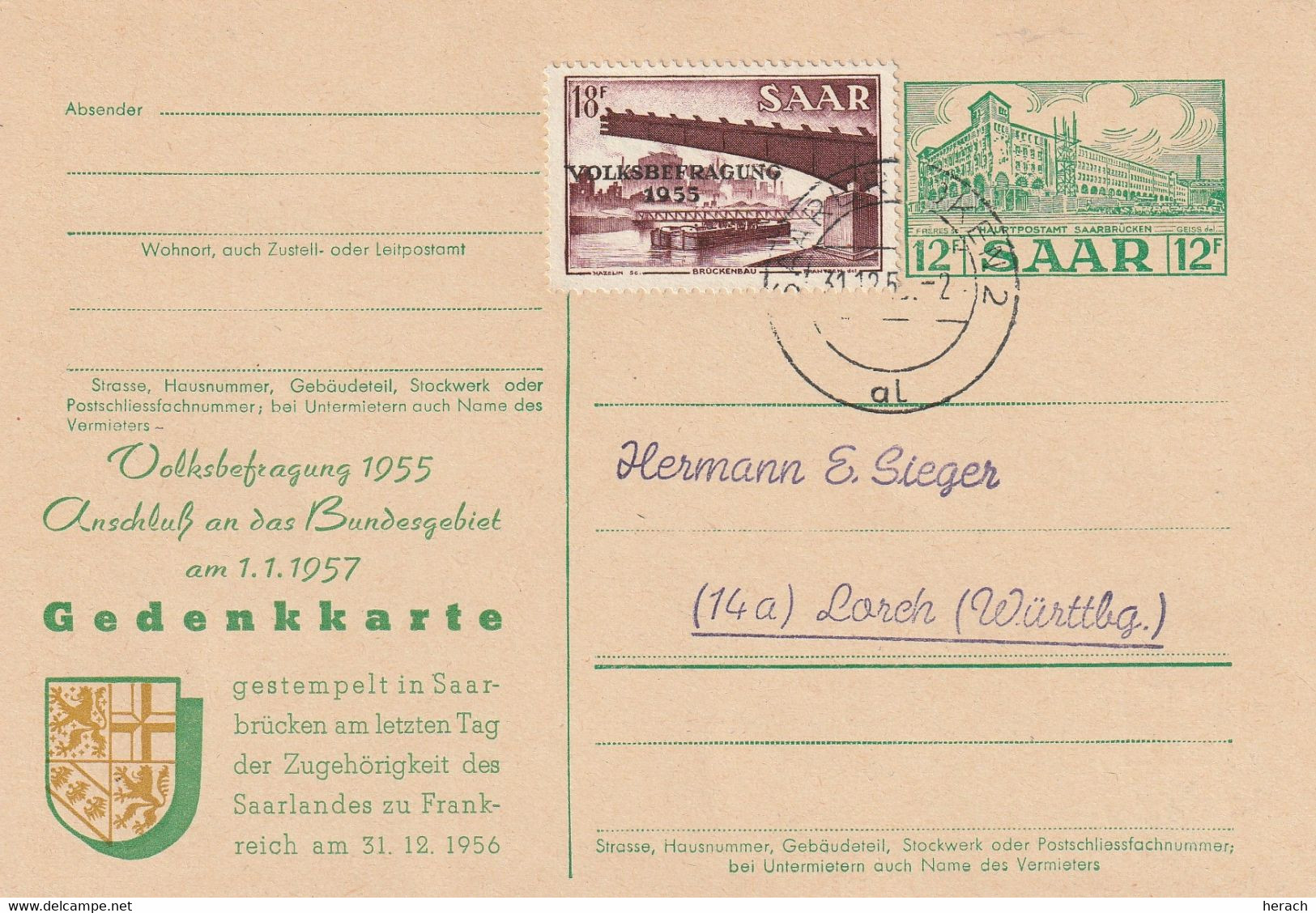 Sarre Entier Postal Illustré Saarbrücken 1956 - Entiers Postaux