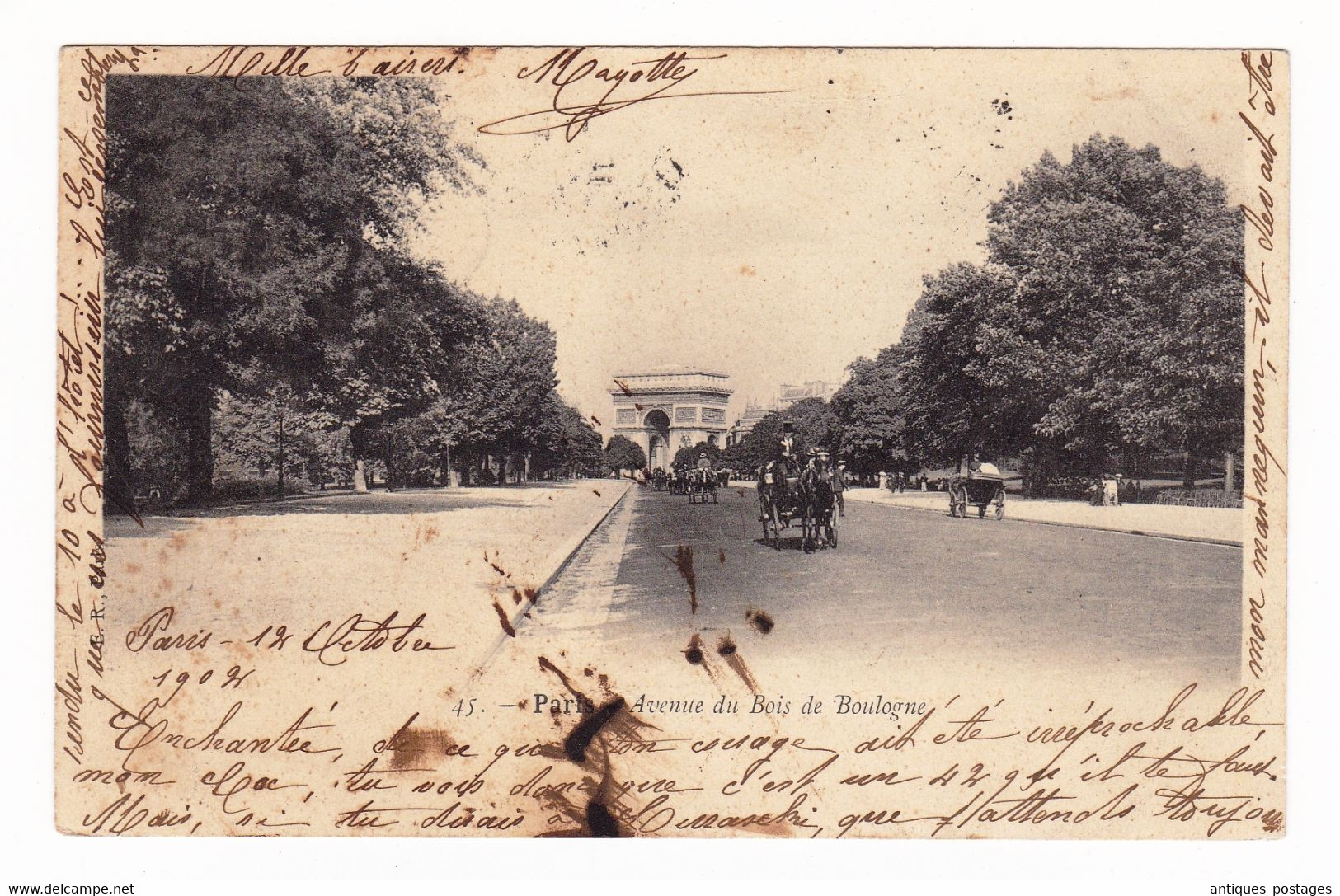 Carte Postale 1902 Mouchon Paris Rue Lafayette Pour Bar Sur Aube Avenue Du Bois De Boulogne Arc De Triomphe - 1900-02 Mouchon