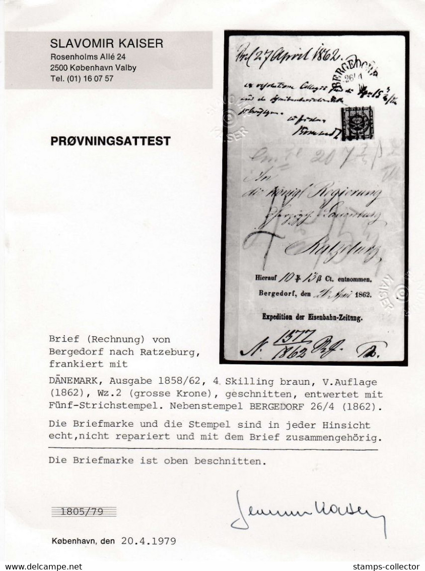 Dänemark. BERGEDORF. 4 Sk. 1858. Bill Send From Bergedorf 26.4.62. Very Scare. Attest. - Cartas & Documentos