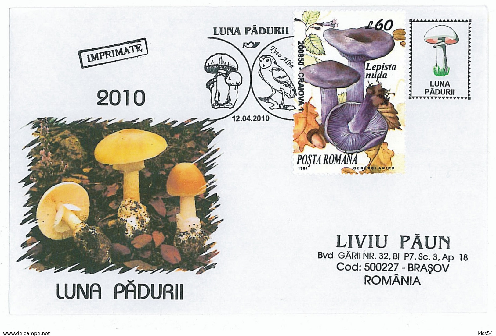 COV 63 - 923 MUSHROOM & Owl, Romania - Cover - Used - 2010 - Mushrooms