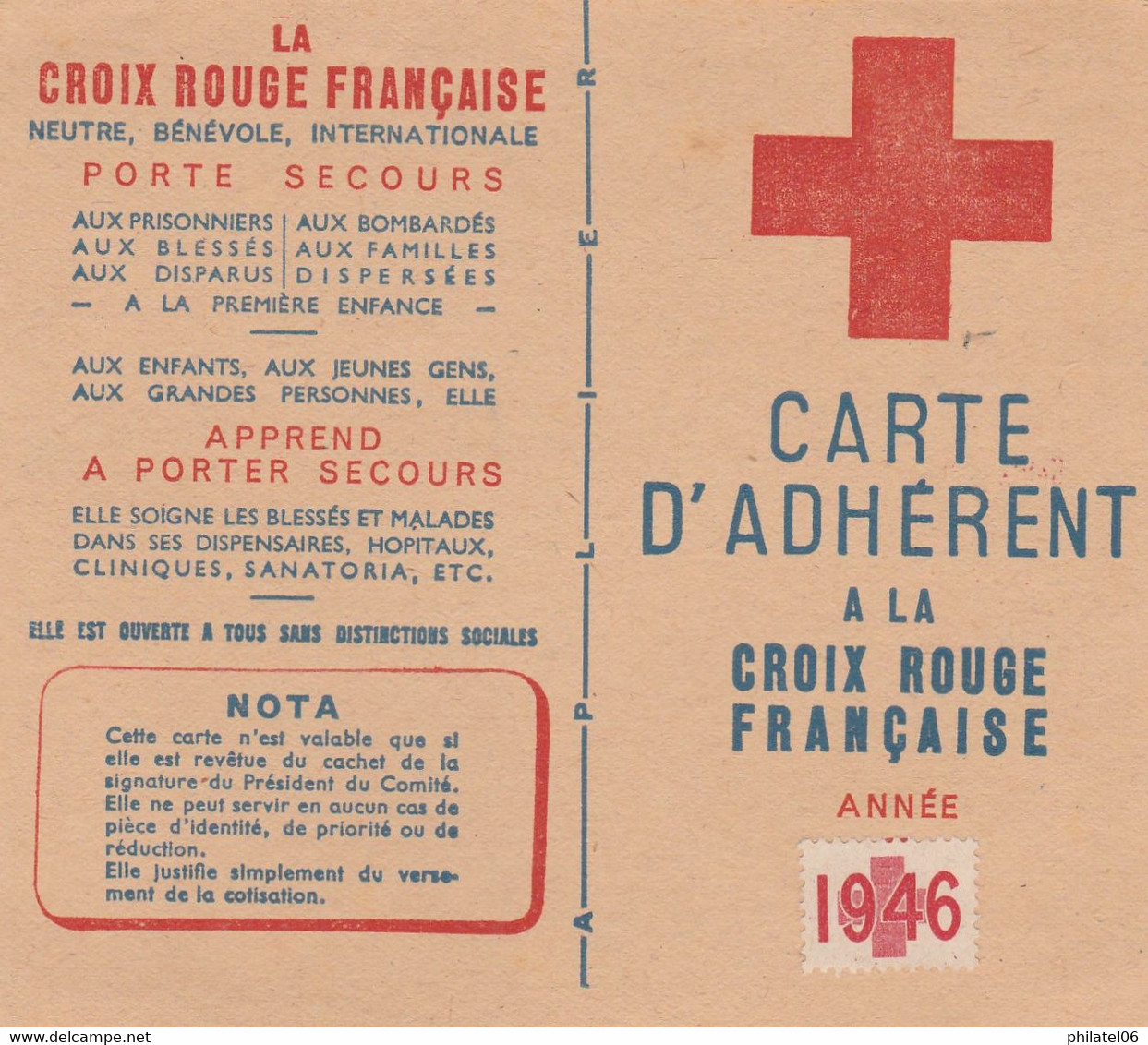 CARTE D'ADHERENT CROIX ROUGE  1946 - Matériel Et Accessoires