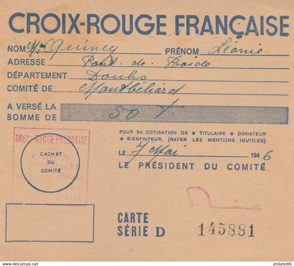 CARTE D'ADHERENT CROIX ROUGE  1946 - Matériel Et Accessoires