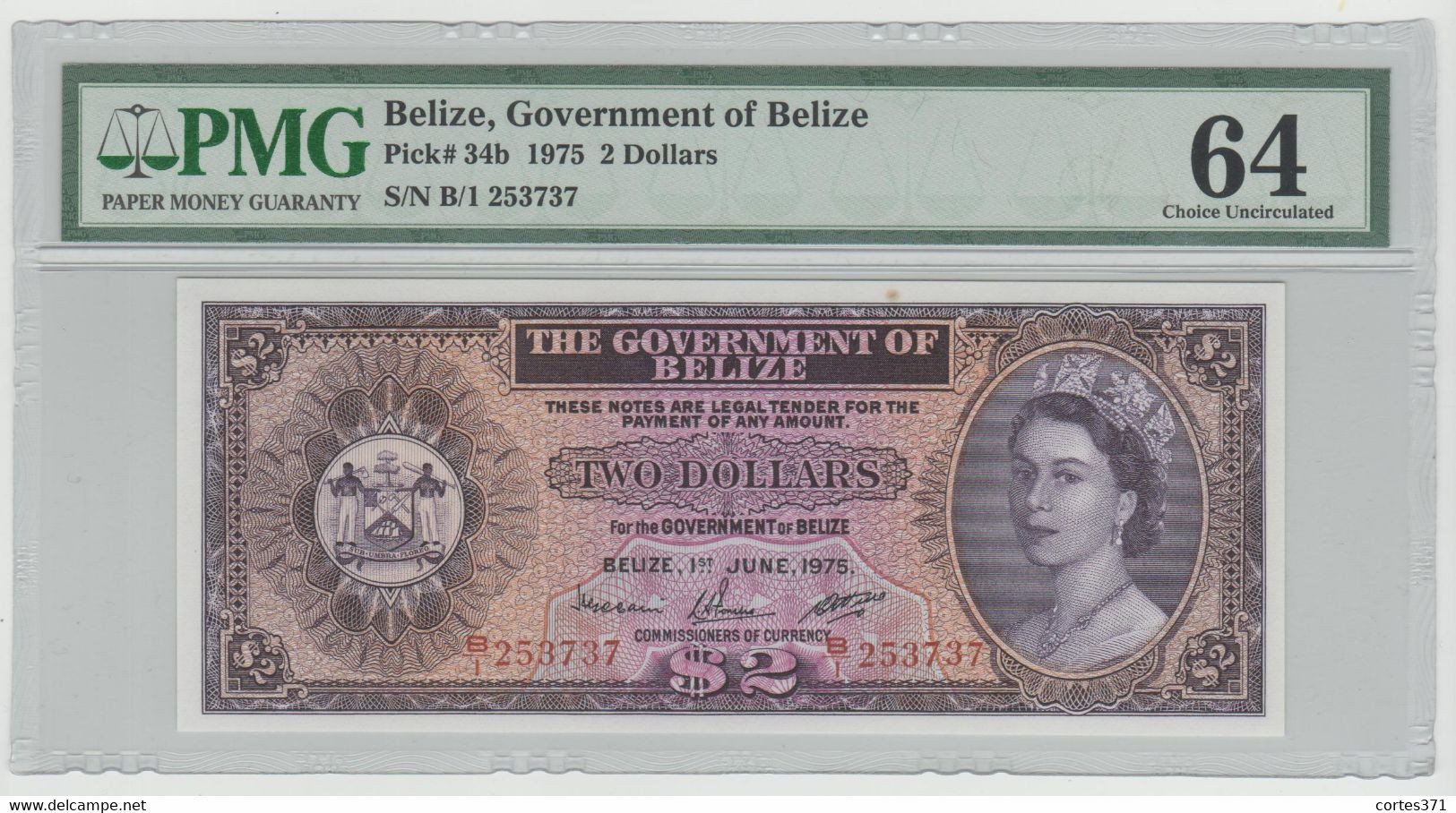Belize 2 Dollars 1975 P-34b UNC - PMG 64 - Belice
