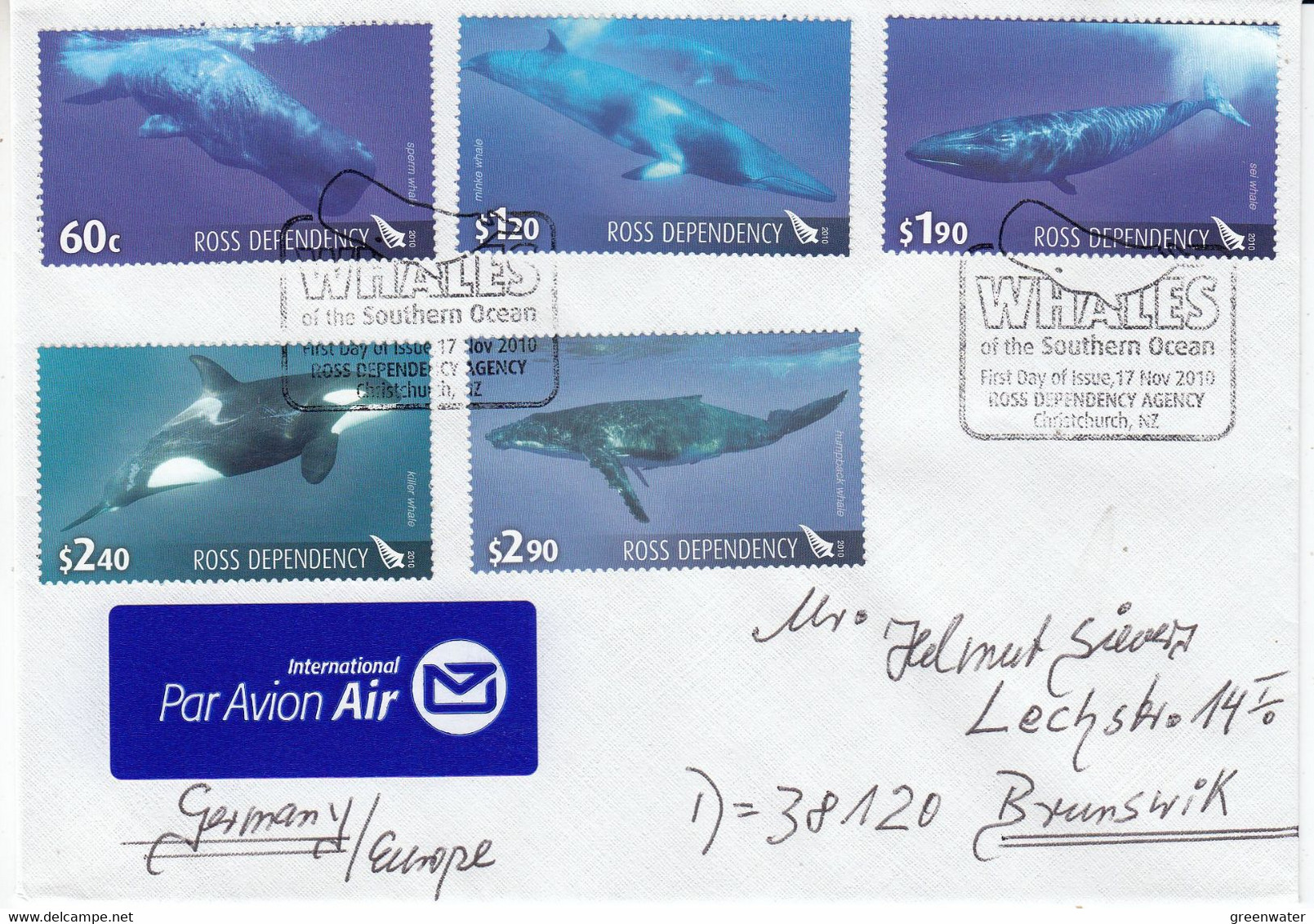 Ross Dependency 2010 Whales Of The Southern Ocean 5v Used On Cover Ca 1st Day(F8715) - Lettres & Documents