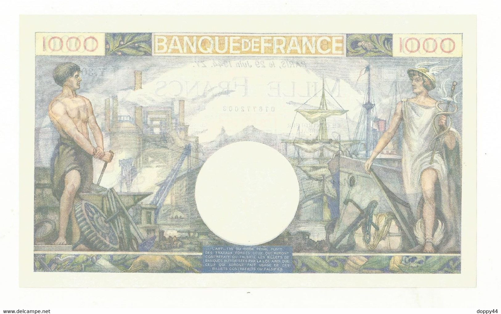 BILLET 1000 FRANCS TYPE COMMERCE ET INDUSTRIE DATE 29/06/1944 ZY  SERIE Y.3071 - 003  SPLENDIDE.  F.39 09  SPL - 1 000 F 1940-1944 ''Commerce Et Industrie''