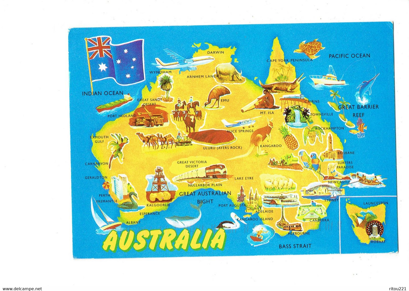 Cpm - Australie - Carte Géographique Illustration Avion Cessna ? Tortue Kangourou Crocodile Requin Train - 2006 Hobart - Outback