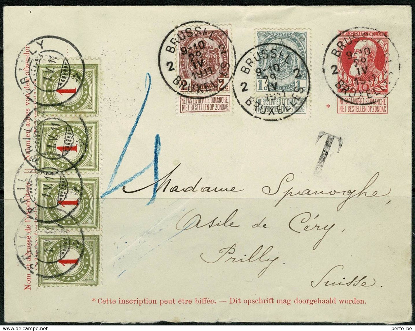 29 IV 1911 - Postwaardestuk Met 10c Brede Baard Aangevuld Met Zegels Nrs. 81, 82 En 83 (2x) Naar Zwitserland - STRAFPORT - Letter Covers