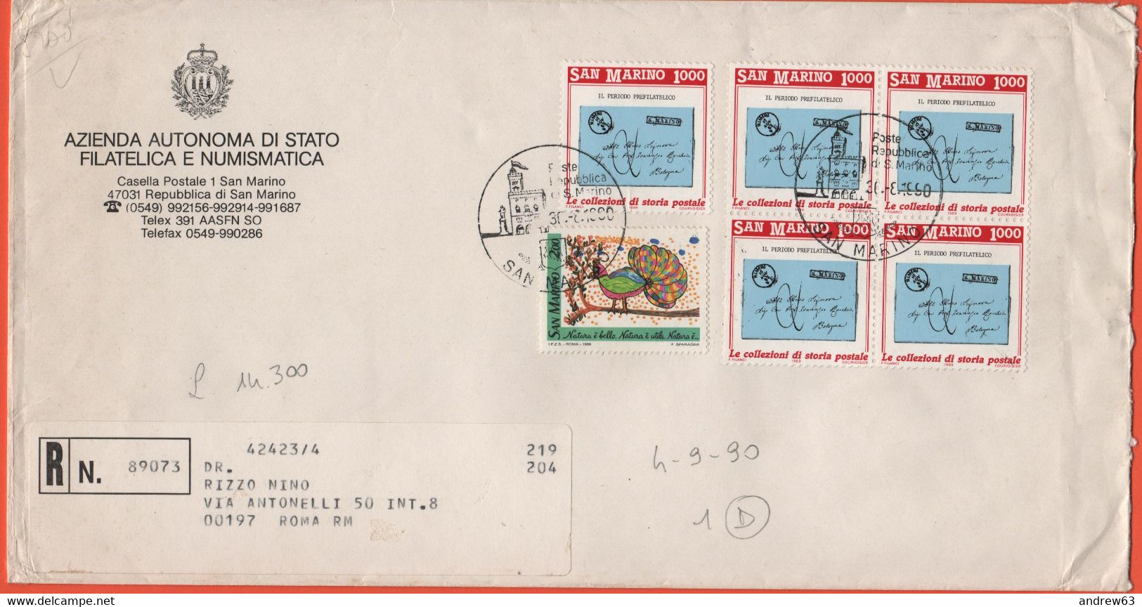 SAN MARINO - 1990 - 200 Natura + 5 X 1000 Invito Alla Filatelia - Raccomandata - Viaggiata Da San Marino Per Roma - Brieven En Documenten