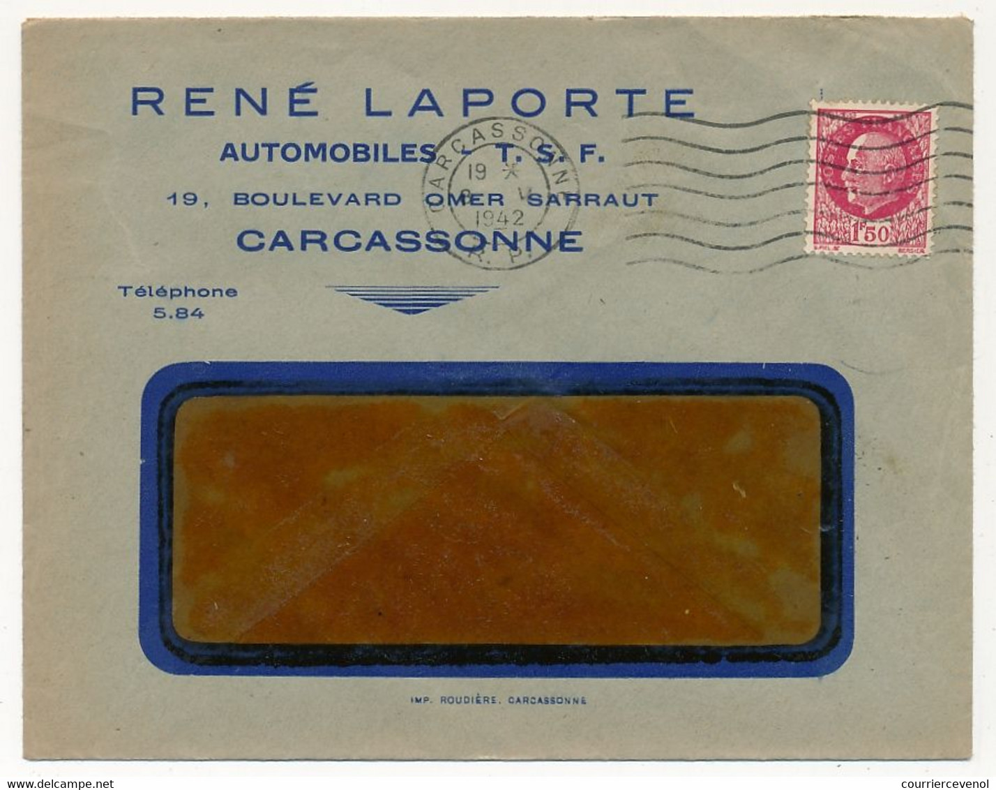 FRANCE - Env. En-tête "René LAPORTE - Automobiles - T.S.F. Carcassonne" Affr 1,50 Bersier Carcassonne 1942 - Cars