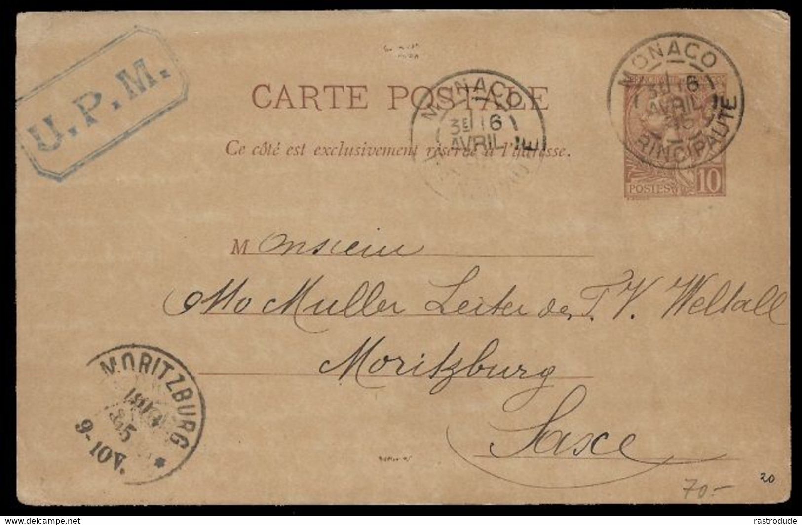 1895, 16 AVRIL -  MONACO - ENTIER 10C Mi. P6 A MORITZBURG, SAXE, ALLEMAGNE - Postwaardestukken