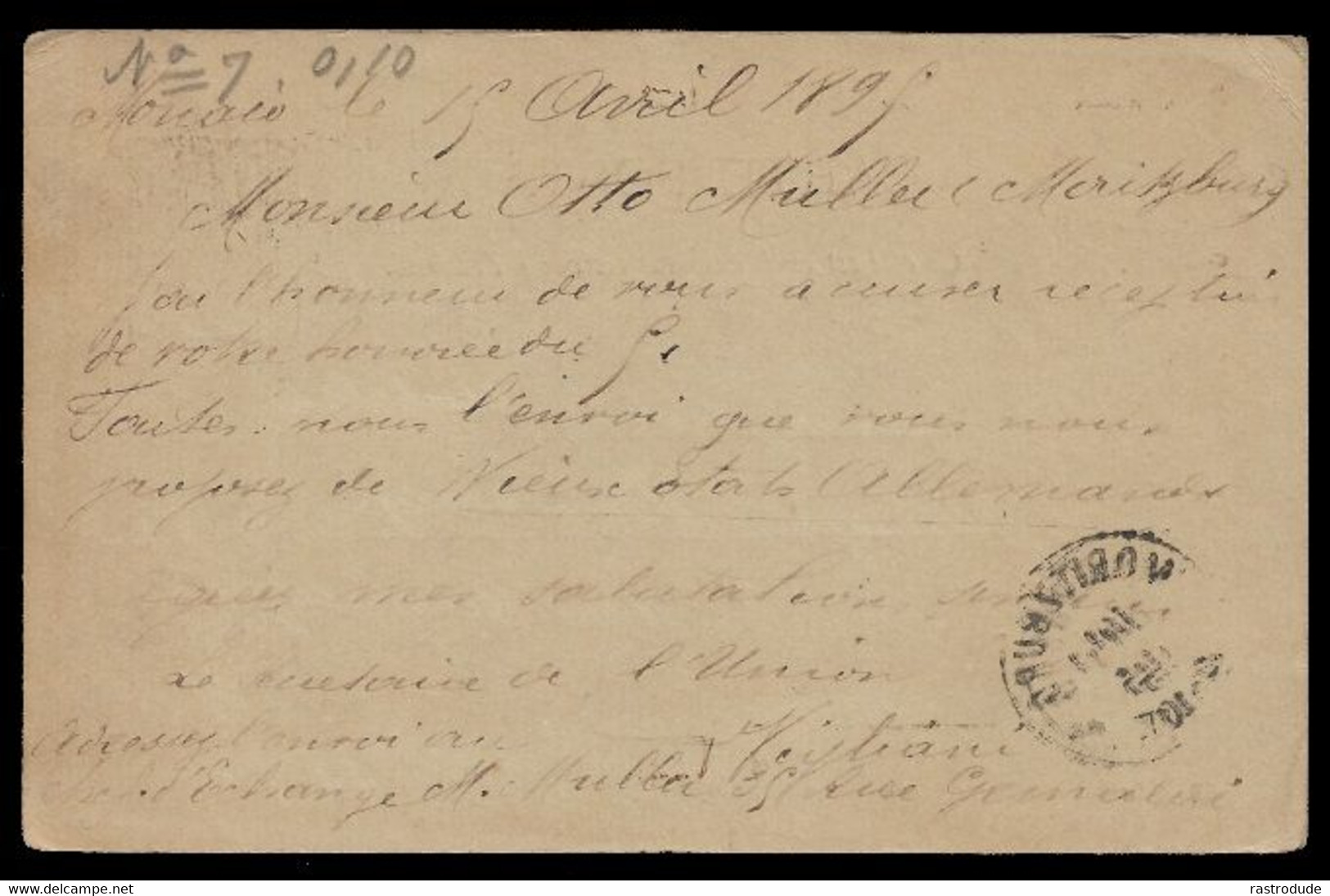 1895, 16 AVRIL -  MONACO - ENTIER 10C Mi. P6 A MORITZBURG, SAXE, ALLEMAGNE - Postal Stationery