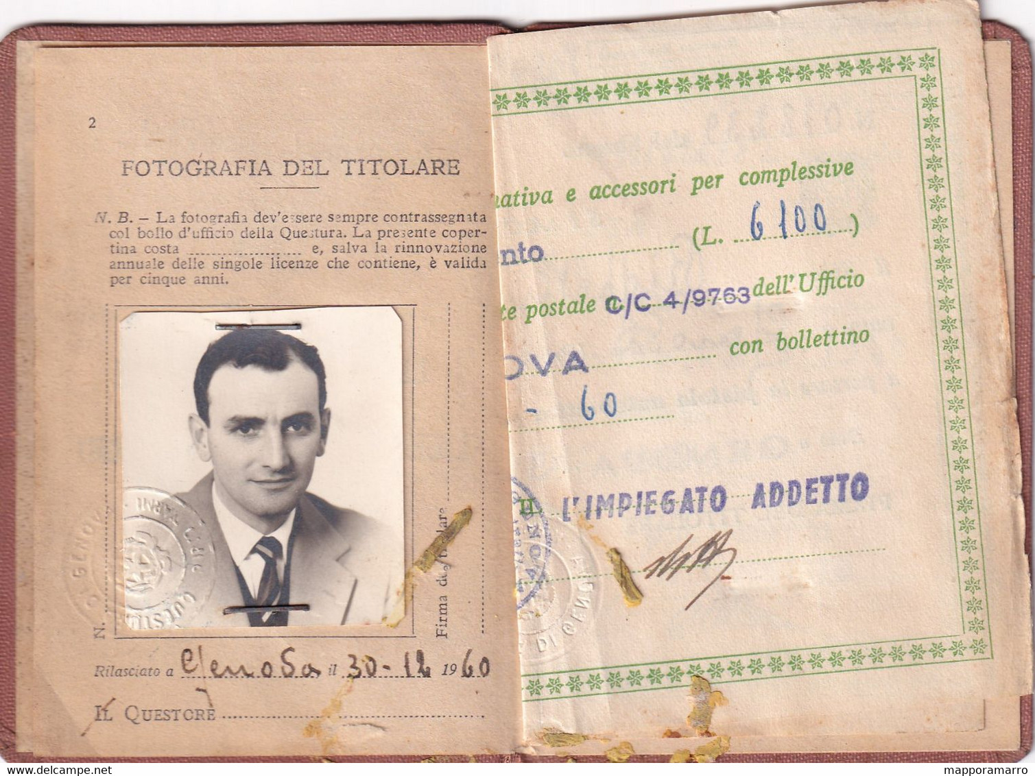 TESSERA PER LICENZE DI PORTO D ARMI  --GENOVA 1960- - Historical Documents