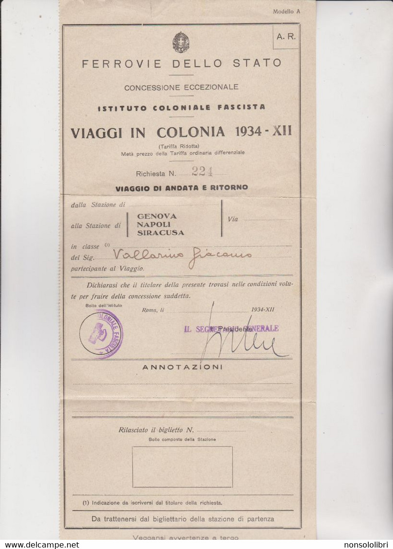 BIGLIETTO FERROVIE DELLO STATO - ISTITUTO COLONIALE FASCISTA :  VIAGGI  IN  COLONIA  1934. - Wereld